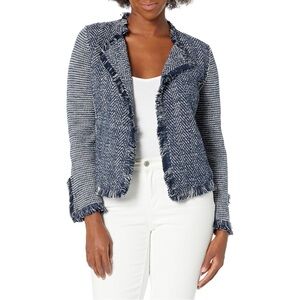 Nic & Zoe Navy Blue & White Fringe Mix Knit Jacket